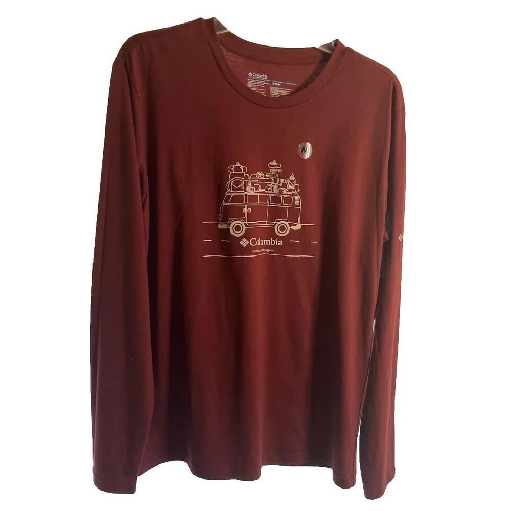 M Columbia Burgundy Graphic T-shirt Crew Neck Long Sleeve Y2K Retro outdoors